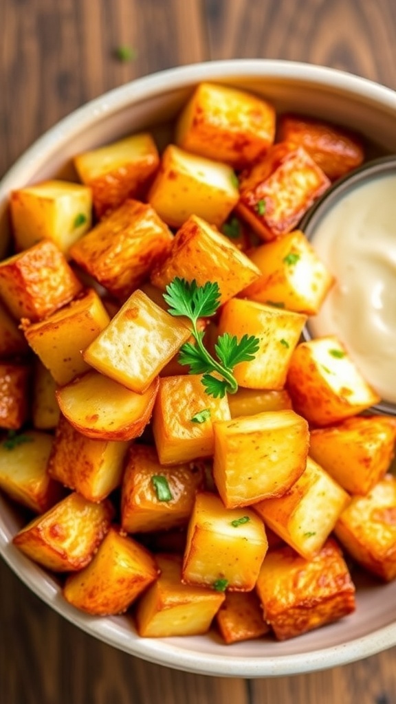 Crispy Air Fryer Potato Cubes Recipe Crispy air fryer potato cubes garnished with parsley in a bowl on a wooden table.